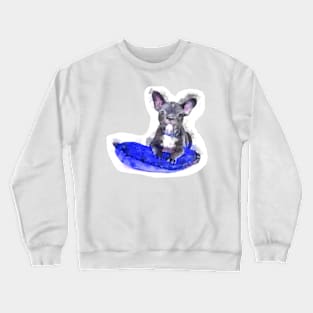 Cute Black And White Bulldog Puppy On A Blue Cusion Digital Portrait Crewneck Sweatshirt